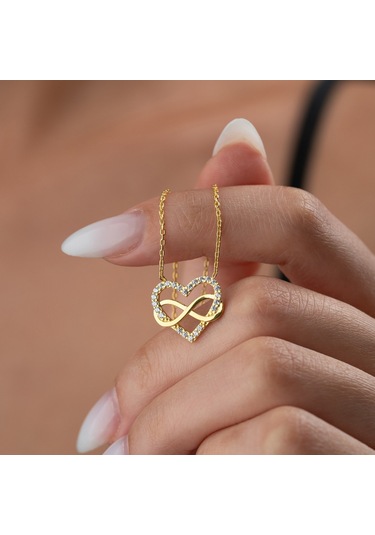 925 Ayar Gümüş Taşlı Sonsuzluk Ve Kalp Kolye Gold