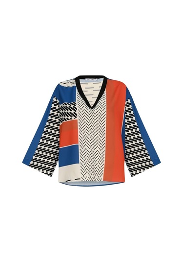 Kadın Geometrik Desenli Blok Renkli Bluz Frn1103 Mavi