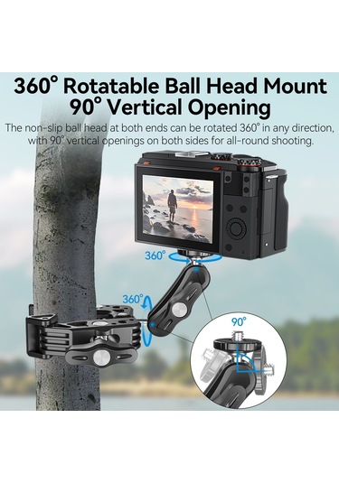 Ranyeek Alüminyum Çift Toplu 360 Döner Kancalı Tutucu - 2kg Yük, 11-65mm Mesafe, 1/4" & 3/8" Vida - Telefon, Spor Kamera, Monitör Uyumlu