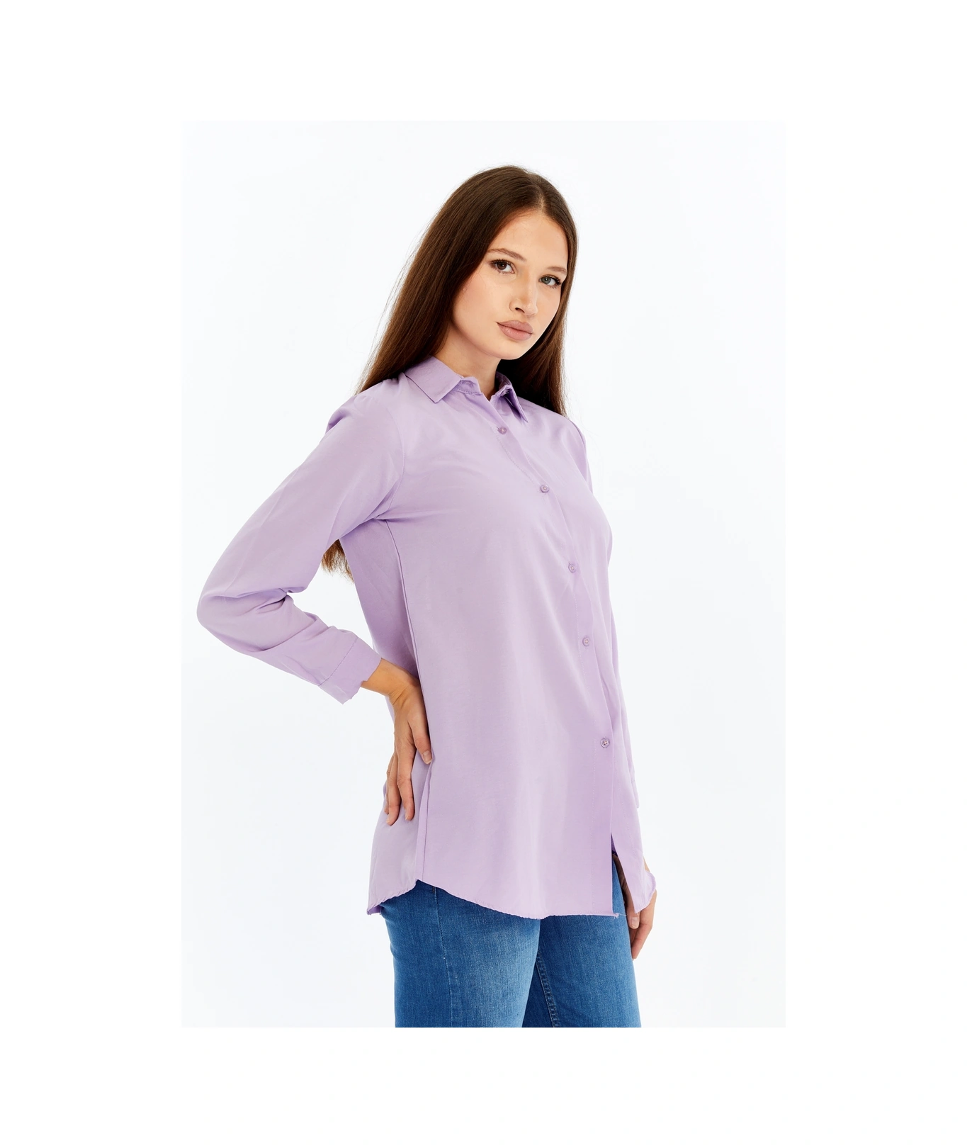 Kadın Uzun Kollu Düğmeli Basic Gömlek Mor Rahat Kalıp Günlük & Ofis Şıklığı Mor