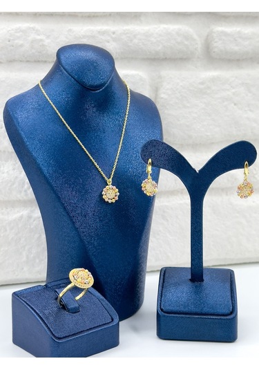 Üç Renkli Dorika Kadın Gümüş Set Takımı - Kolye Seti Gümüş