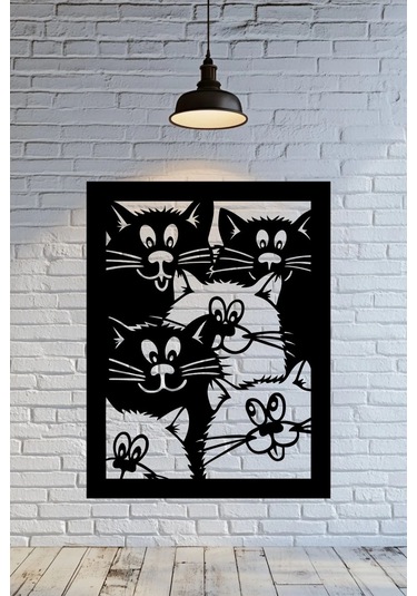 Siyah Kalabalık Kediler - 3mm Mdf Ahşap Dekoratif Duvar Tablosu