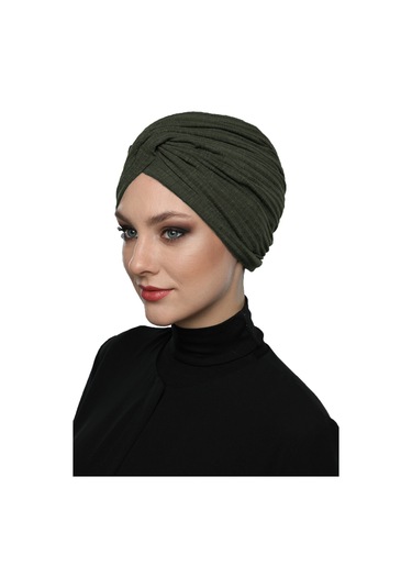 Çapraz Penye Astarlı Haki Hazır Türban Tesettür Havuz Bonesi Haki