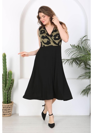 Kadın Siyah Haki Tiger Desen Bloklu Biye Detay Kruvaze Elbise-haki Haki