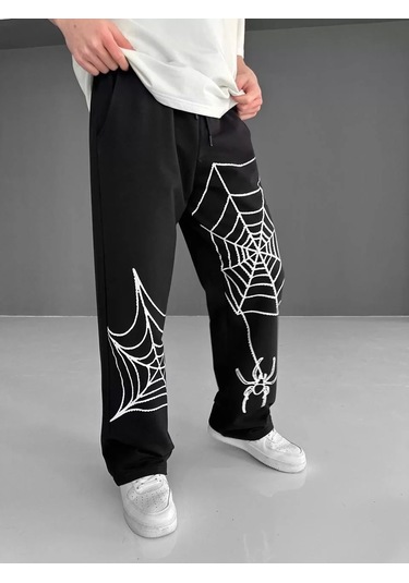 İki İplik Kumaş Örümcek Baskılı Esofman - Siyah Siyah