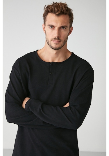 Lorenzo  Erkek Özel Rustik Dokulu %100 Organik Pamuk Düğme Detaylı Regular Siyah Sweatshirt