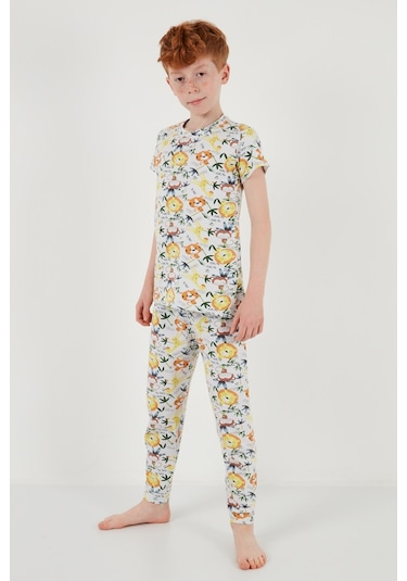 Lela Desenli % 100 Pamuk Bisiklet Yaka Erkek Çocuk Pijama Takımı 6651003 Ekru-Sarı