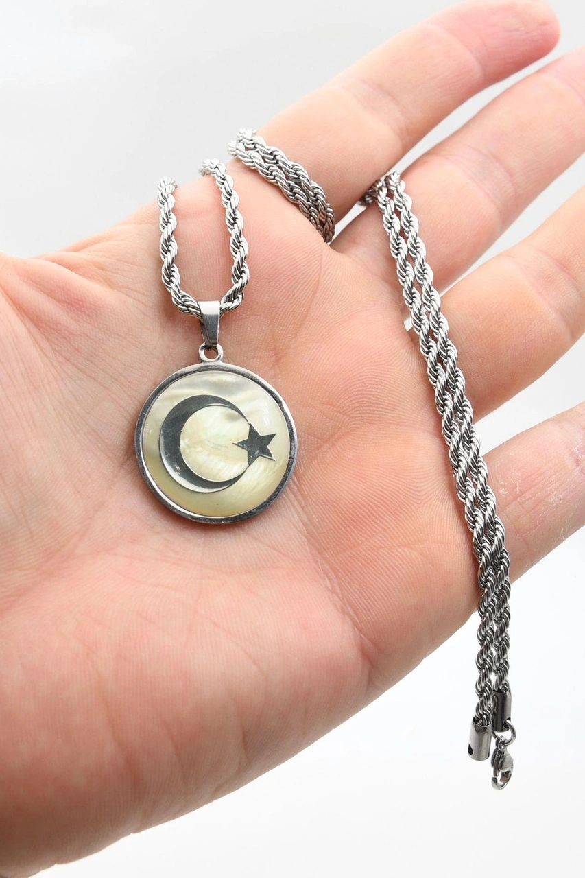Ay Yıldızlı - Ay Yıldız Kolye Paslanmaz Çelik Zincir 3mm 902303 Gümüş