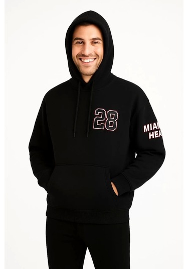 Üç İplik Kapüşonlu Ön Ve Arka Baskılı Sweatshirt Hoodie - Siyah Siyah