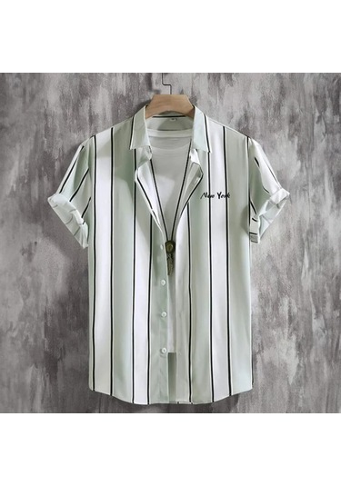 Snapbuy 2025 Erkek 3d Havai Gömlek - Basit Çizgili, Gevşek Nefes, Yazlık Kısa Kollualtın Altın