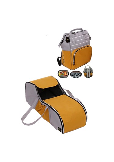 U.S.F Fonksiyonel Bebek Bakım Sırt Çantası + Portbebe Ana Kucağı Puset Çizgili Gri - Turuncu