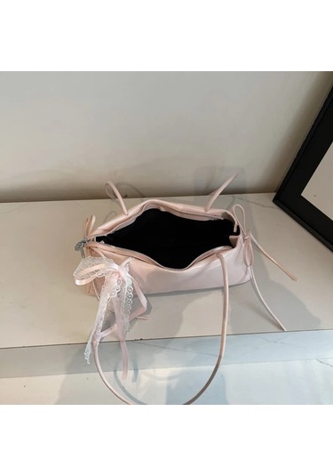 Dashanshop Mavi Fransız Çubuğu El Çantası Büyük Kapasiteli Pu Omuz Çantası Kurdele İş Mavi