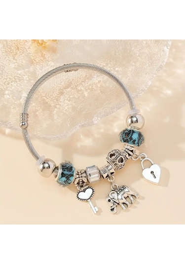 Worldshop Mavi Fil Kalp Anahtar Charm Bileklik