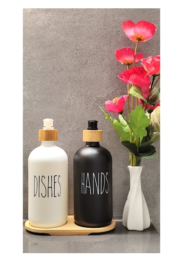 2 Li Siyah-beyaz Mutfak Sıvı Sabunluk Seti 500ml Bambu Tepsili