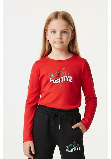 Yuvarlak Yaka Stay Posıtıve Baskılı Kız Çocuk Alt-üst Takım Kırmızı