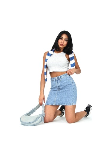 Zeo Basic Eskitme Denim Kumaş Mini Etek Mavi - Eskitme Detaylı