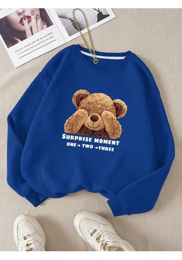 Suprise Moment Bear Sweatshirt - Sax Mavi Baskılı Oversize Kışlık Kalın Bisiklet Yaka Lacivert