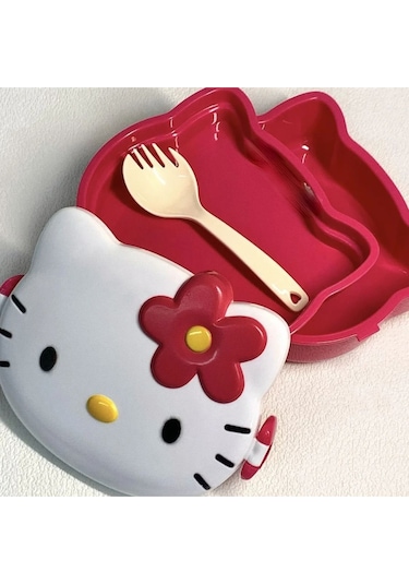 Kawaii 3d Hello Figür Kabartmalı 2 Katlı Çatal Ve Kaşıklı Kilitli Beslenme Çantası Kutusu