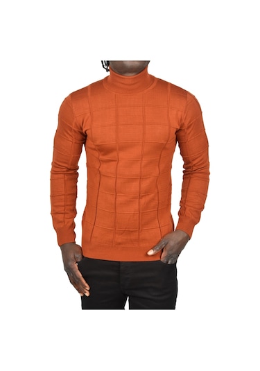 Deepsea Erkek Kiremit Rengi Kare Desenli Balıkçı Yaka Slim Fit Boğazlı Triko Kazak 2505493 Kiremit Rengi Kiremit