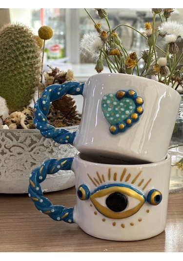 Burgu Kulp Gold Detay Göz 2 Noktalı Kalpli Mug Kupa Fincan