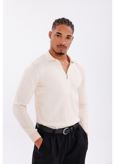 Monox Erkek Yarım Fermuarlı Polo Yaka Triko Kazak Bej