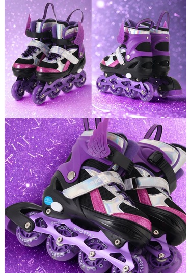 Melek Kanatlı Işıklı Çocuk Pateni Ve Dizlik Seti Silikon Teker Ayarlanabilir Paten Çantalı Mor Mor