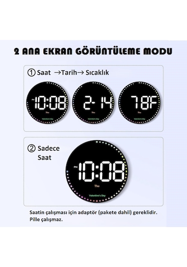 10'' Akıllı Dijital Duvar Saati Led Ekran Uzaktan Kumanda Alarm Siyah