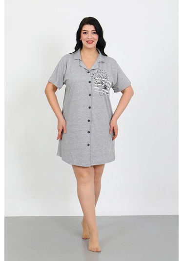Akbeniz Büyük Beden Penye Düğmeli Gri Tunik Gecelik 1025 Gri