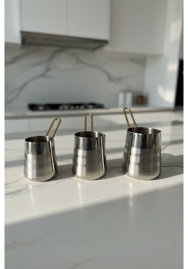 Paslanmaz Çelik Gold Kulp Detaylı Desenli Cezve Takımı Standlı