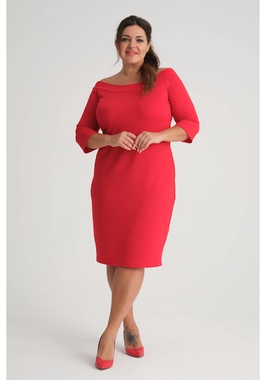 Kadın Kırmızı Carmen Yaka Truvakar Kol Büyük Beden Esnek Krep Elbise-kırmızı Kırmızı