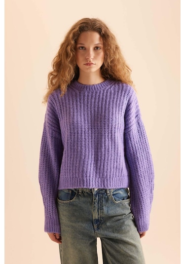 DeFacto Coool Oversize Geniş Kalıp Bisiklet Yaka Triko Kazak V1811AZNSPR262 Mor