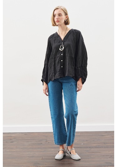 Keten Crush Düğmeli Bluz Siyah Siyah
