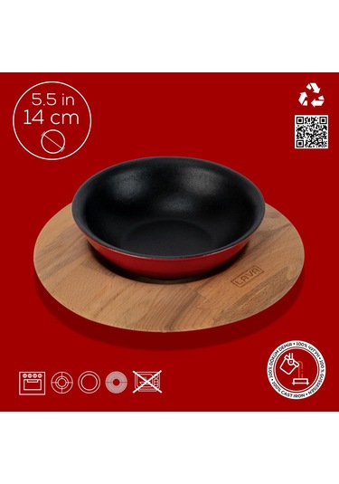 Lava Döküm Yuvarlak Çorba Kasesi Ve Kayın Servis Ahşabı. Çap Ø 14cm. Bordo