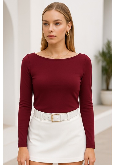Rich Kadın Bordo Kayık Yaka Uzun Kollu Bluz Bordo