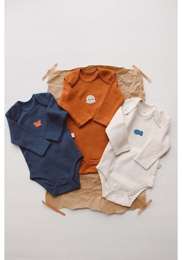 3lü Nakışlı Çıt Çıtlı Uzun Kollu Body Zıbın Set Model 4 Tarçın