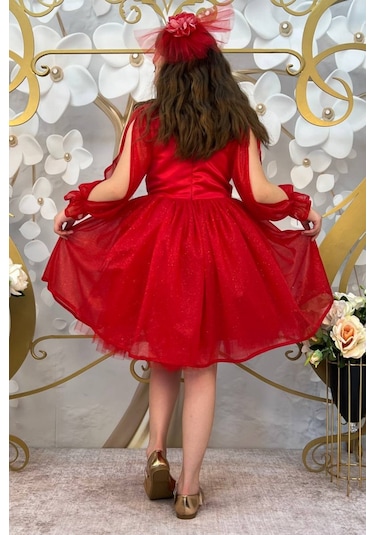 Kırmızı Tül Etekli Simli Çocuk Elbise 001