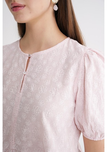 4688 Kadın Balon Kol Çiçek Desenli Peplum Bluz Pembe Pembe
