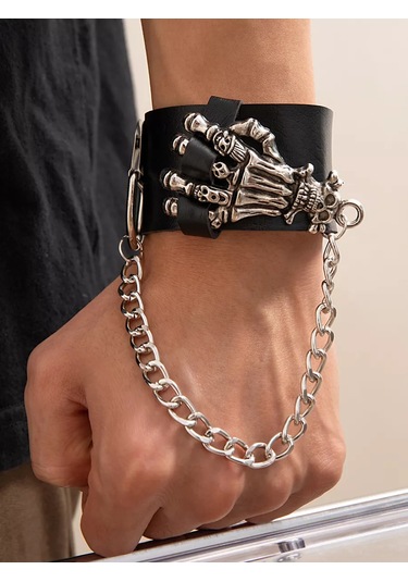 Tevdı Zincirli Kafatası Punk Metal Eko Deri Bileklik 198603655 Siyah