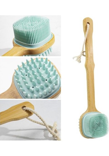 Banyo Fırçası Ahşap Uzun Saplı Çift Taraflı Yumuşak Silikon Kıllar Asılı Kordon Çok Fonksiyonlu Vücut Geri Temizleme Masajlı Duş Scrubber