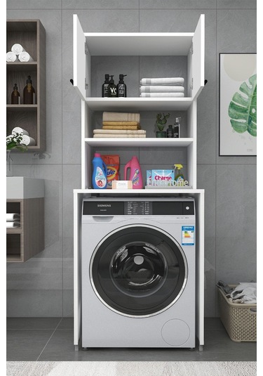 Enda Home Çamaşır Makinesi Dolabı 3 Raflı Kapaklı Banyo Dolabı Beyaz