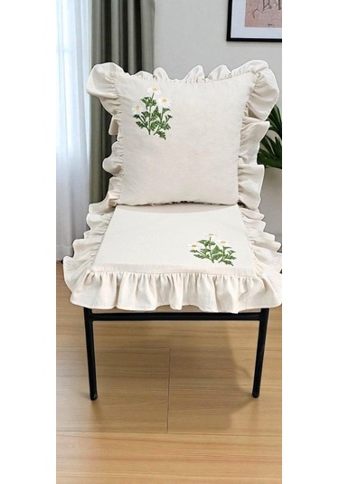 Yıkanmış Keten Papatya Nakıslı Fırfırlı Kırlent Kılıfı Beyaz