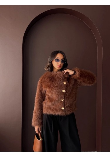 Kadın Vintage Peluş Tüylü Crop Ceket Altın Düğmeli Bisiklet Yaka Kışlık Şık Ceket Açık Kahve