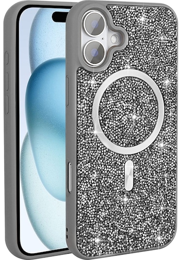 Mobilteam İphone Uyumlu 16 Pro Kılıf Pırlanta Tasarımlı Magsafe Şarj Özellikli Mozaik Silikon Gri