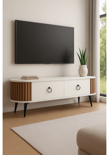 Tv Ünitesi Dekoratif Ayaklı 120 Cm Beyaz - Ceviz