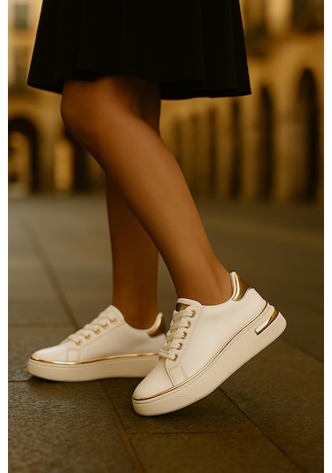 Kadın İnce Şerit Detaylı Kalın Taban Spor Ayakkabı Beyaz