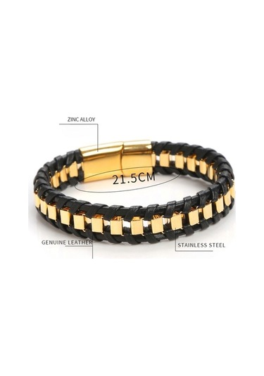 Novahub Altın Erkekler İçin Hakiki Deri Zincir Bileklik Kaplama Takı Paslanmaz Çelik Toka Altın 21.5cm Kişiselleştirilmiş Altın