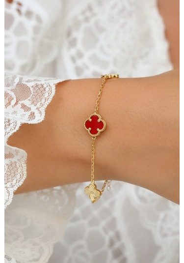 14k Altın Kaplamalı 925 Ayar Gümüş Granada Saray Yoncaları Bileklik - Kırmızı 45103301 Altın