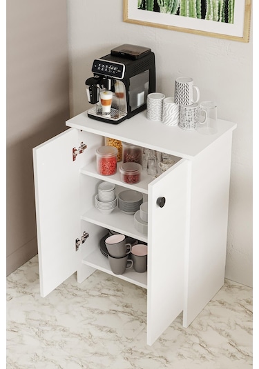 Dorta Mutfak Dolabı 2 Kapaklı 3 Raflı Kahve Köşesi Kiler Dolabı Beyaz Beyaz