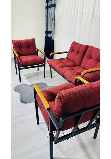 Madame Home Kalanşo Balkon, Bahçe,teras,cafe - Salon - Metal Kanepe Koltuk Takımı Çay Seti 2+1+1 Bordo