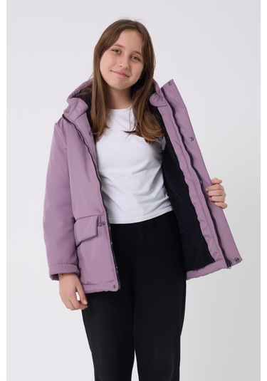 Kız Çocuk Mürdüm İçi Kürklü Su Ve Rüzgar Geçirmez Kapüşonlu 3 Cep Kışlık Mont & Kaban & Parka Mürdüm